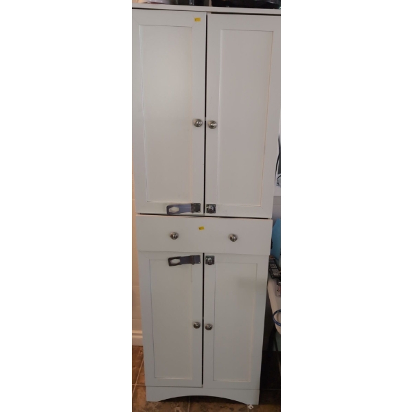 White Cabinet (23W, 16D, 72T) w/ Wooden Shelf, Contents NOT Included 