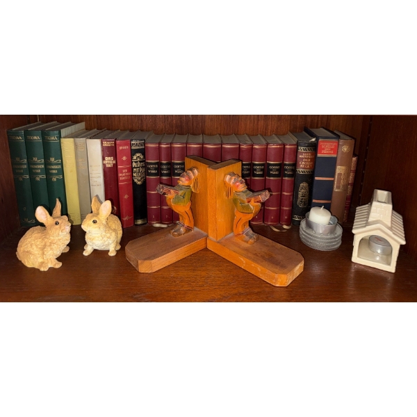 German Book Collection w/ Assorted Shelf Decor - Hand Carved Book Ends Bunny Figurines Candles & Mor