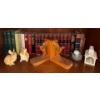 Image 1 : German Book Collection w/ Assorted Shelf Decor - Hand Carved Book Ends Bunny Figurines Candles & Mor