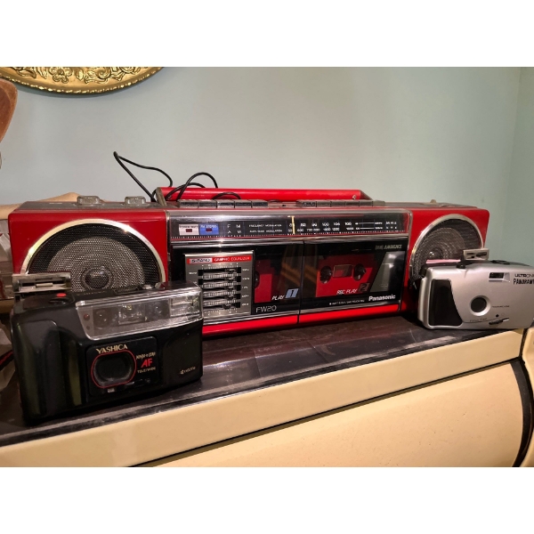  retro Panasonic recordable red ghetto blaster with two film cameras