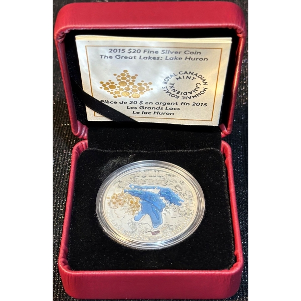 2015 $20 The Great Lakes: Lake Huron Fine Silver Coin 31.39 Grams