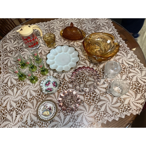 Collection of vintage , purple, glass ashtrays, serving trays, hand blowing glass bowls, diamond, cu
