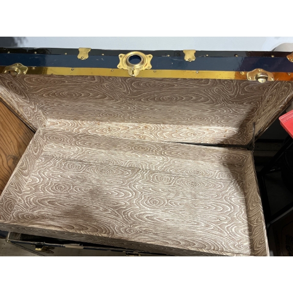 large black shipping trunk with canvas tarp unknown dimensions