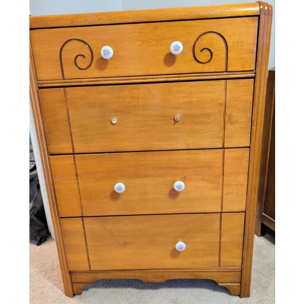 Vintage Oak Art Deco Tall Boy Chest Of Drawers