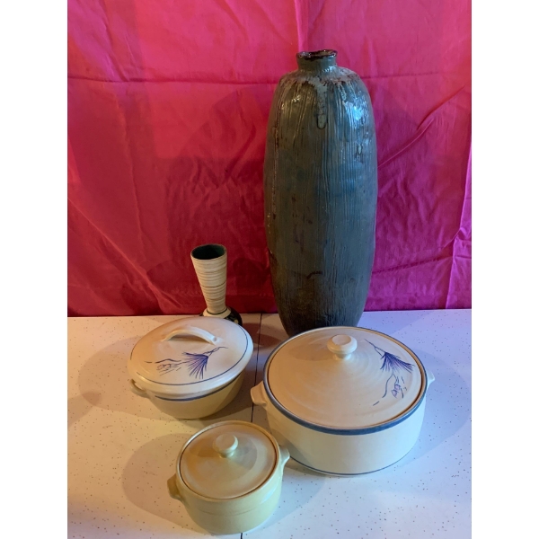 Vintage Handmade Pottery Set with Tote