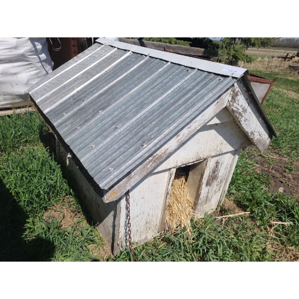 Hand Made Wood Dog House w Metal Pitched Roof. 47 w, 44 h, 57 d