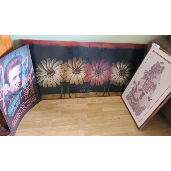Batik Mayan Framed Art 18 w, 26 h.  Painted Flowers on Wood 47w, 24 h & Johnny Cash Poster