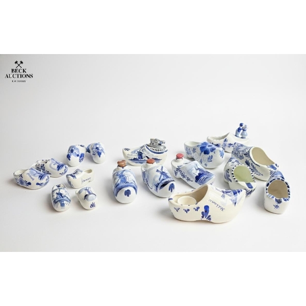  Collection Of Vintage Dutch Delftware Blue And White Ceramic Clogs. 
