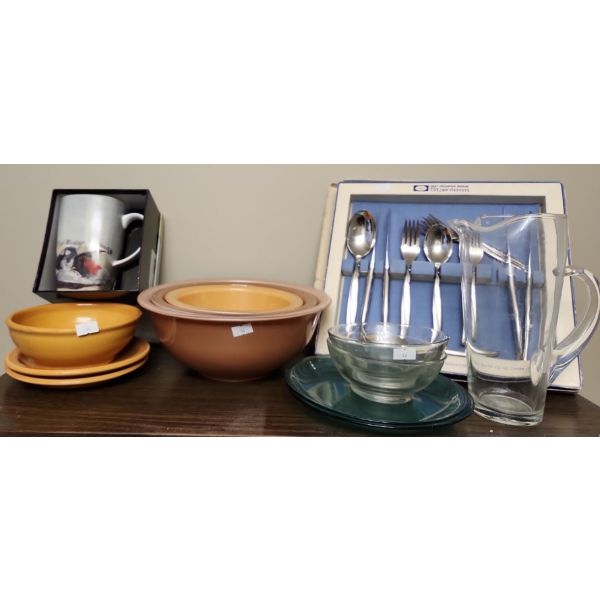 Vintage Pyrex Bowls- Largest: 10" Top, Rogers Bros. Stainless Cutlery, Pitcher 8.5 T and More!