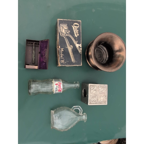 Barber and Collectible Assortment: Razors, Bottles, Coin Bank