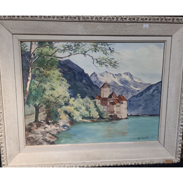 Painting of Castle, Artist: Kay Suzuki, Framed 31 X 26