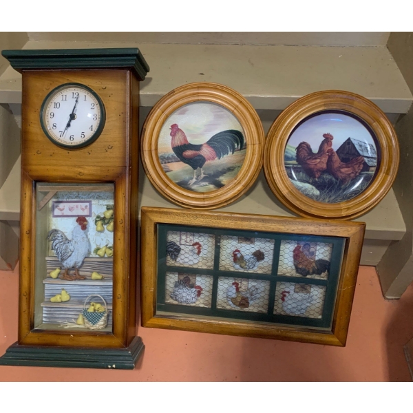 Shadowbox Chicken Decor- Clock 25 T, 11 L, 4 W and Framed Plates 11 Diameter 