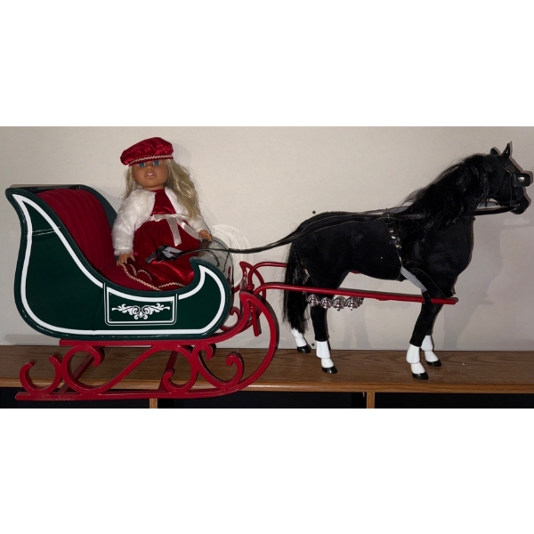 Vintage Newberry Holiday Sleigh w/ Black Horse & Baby Doll (Made For 18" Doll)