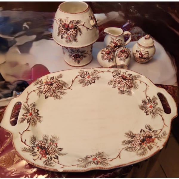 Pine Cone Pattern Set Includes: Serving Tray 20 L, 14 W, Cream/ Sugar, Salt/ Pepper, Candle Lamp 9 T