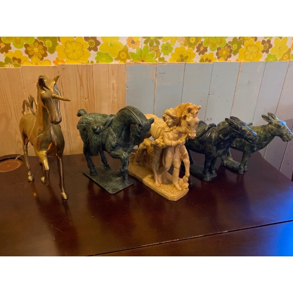 Collection of Brass, Plastic, And Stone Carvings Of Horses, Unicorns, And Donkeys