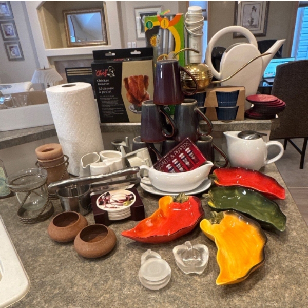 Kitchen Essentials Including Pottery Mugs, Pepper Platters, Tea Pots, Chicken Roaster and More