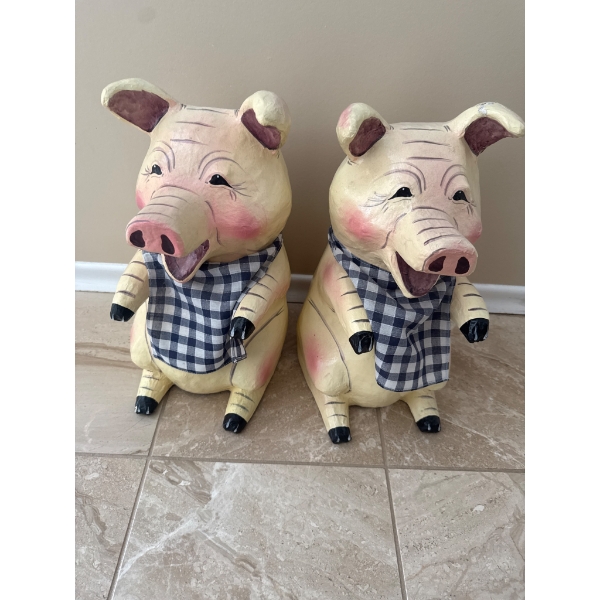 Two Hand-Painted Piggy Bank Figurines with Gingham Scarves