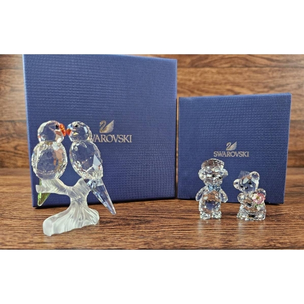 Swarovski Crystal Figurines: Lovebirds and Bear Couple With Boxes