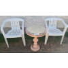 Image 1 : Pair of Plastic Outdoor Patio Chairs 22 w, 28 h, 16 d.  Mirrored Table 19 dia, 27 h. Plant Caddies