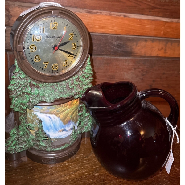 1950's Mastercrafters Model 344 Animated Waterfall Clock & Burgundy Ceramic Pitcher