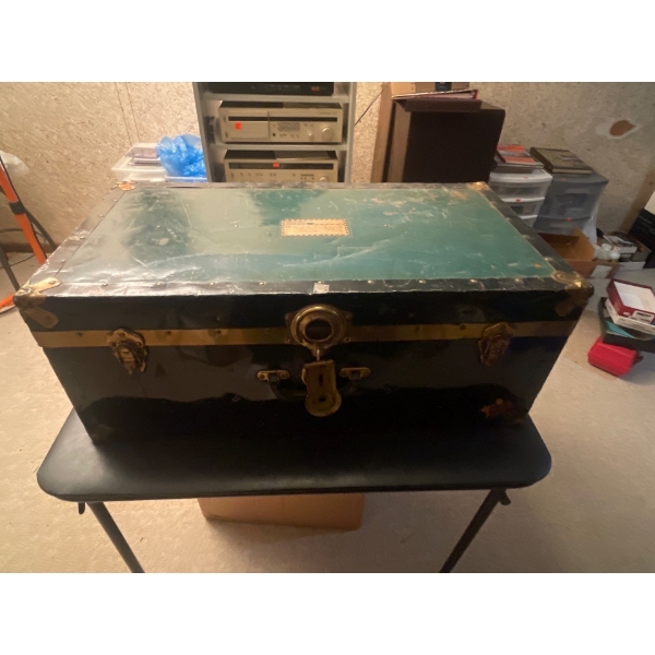 Large Metal Trunk with with Brass Fixtures, 30 inches wide, 12 inches High, 16 inches Depth
