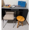 Image 1 : Desk (48W, 20D, 29T) w/ Stools and Assorted Office Supplies 