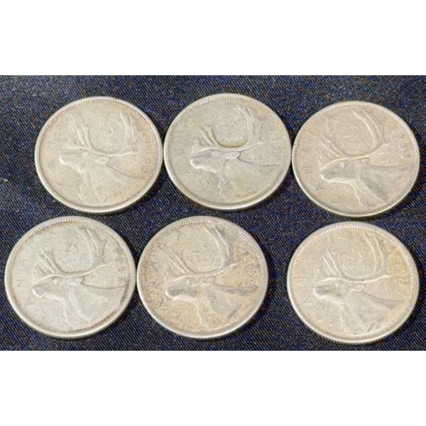 6 Canadian Quarters 1953-1959 Non-Magnetic