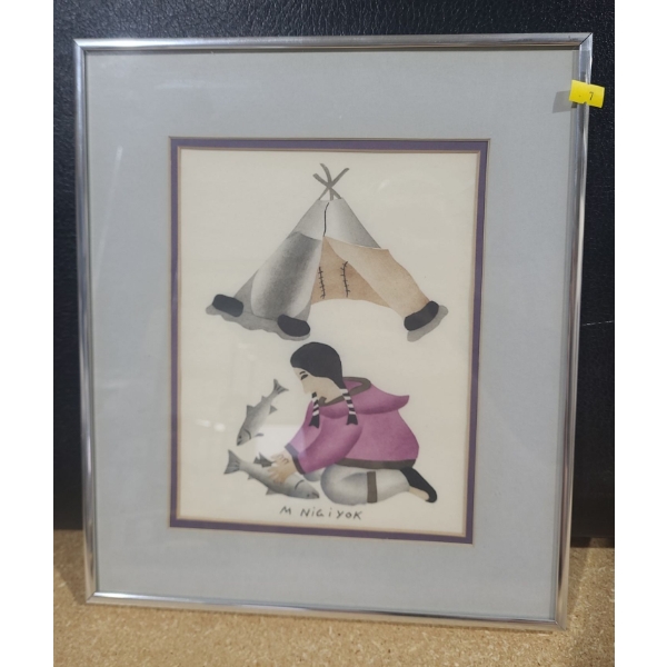 Inuit Painting of Woman w/ Fish 12 X 14, Framed Under Glass, Signed by M Nigiyok
