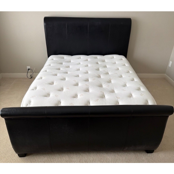 Black  Queen Sized Leather Upholstered Bed Frame w/ Pillow Top Mattress-  In Great Condition!