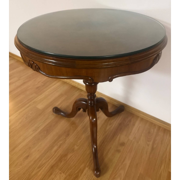 Round Wooden Pedestal Table with Glass Top