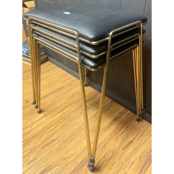 Vintage Stacking Stool Collection - Brass w/ Black Vegan Leather Upholstery 