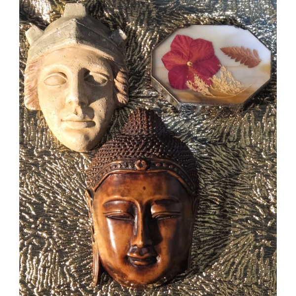 Goddess Athena-Minerva and Buddha Wall Masks with Resin Encased Trinket Box