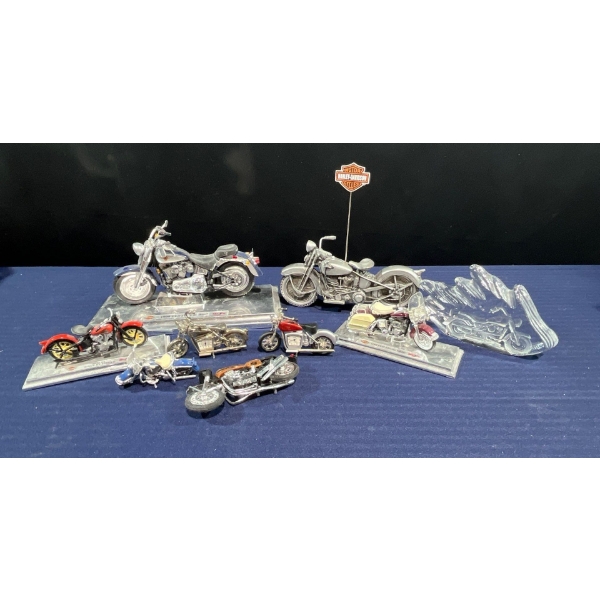 Die-Cast Harley Davidson Motorcycle Models, Various Sizes, 2 Have Clocks