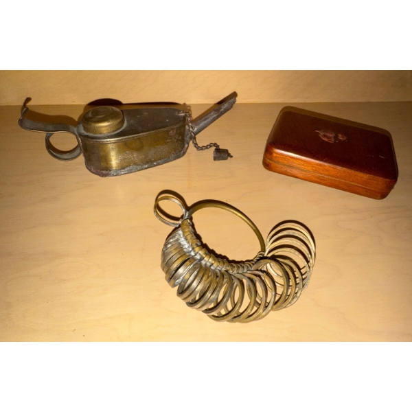 Ring Sizer Mandrel Antique Miners Lamp w/ Wooden Trinket Box 3L 