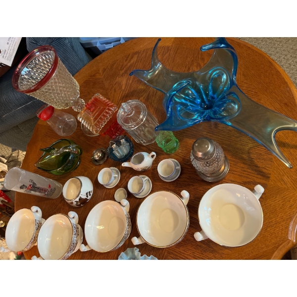 Collection of hand blowing glass, diamond glass, and vintage soup bowls, and a retro ashtray