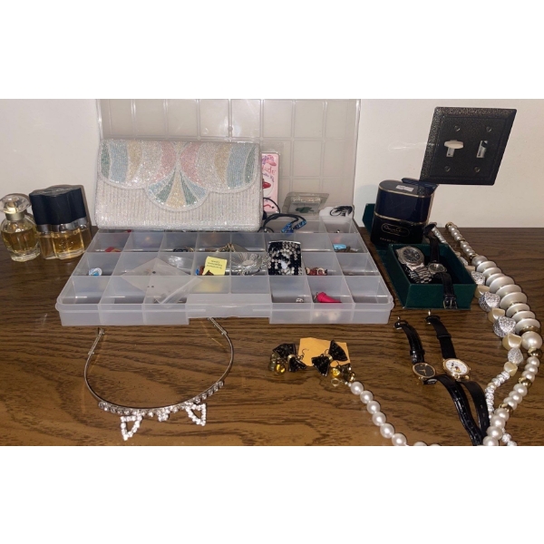 Ladies Costume Jewlery w/ Watch Collection & Several Bottles of Perfume