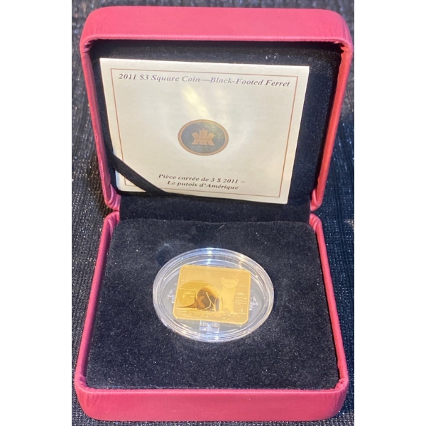 2011 $3 Black-Footed Ferret Gold Plated Square Coin 92.5% Silver 11.71 Grams