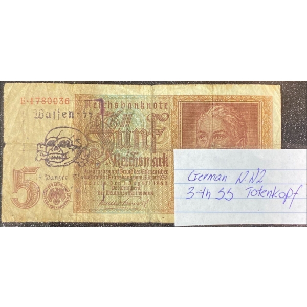 1942 German 5 Reichsmark Banknote Stamped Waffen SS
