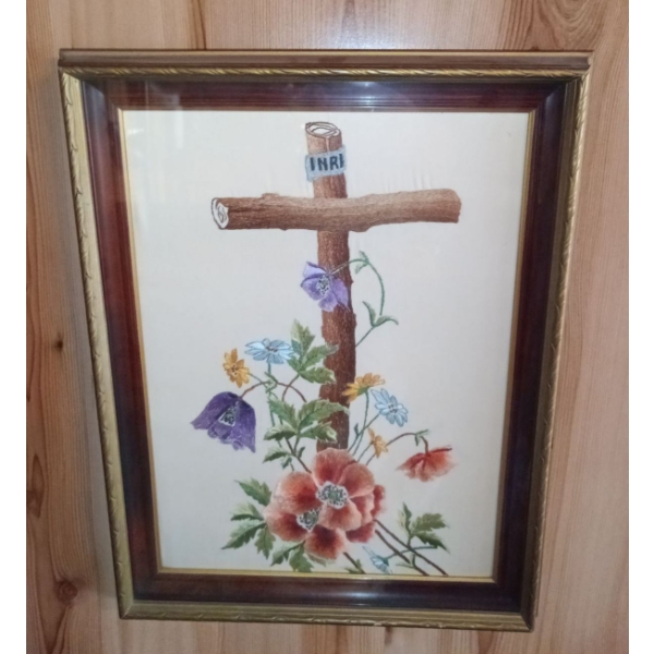 Vintage Nativity Cross Framed Needle Point