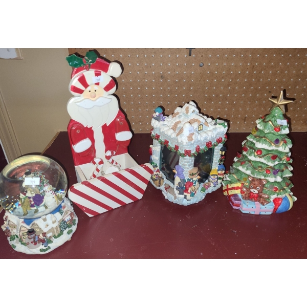 Assorted Holiday Decor: Snow Globe, Picture Box, Ceramic Tree and Wooden Santa Treat Box