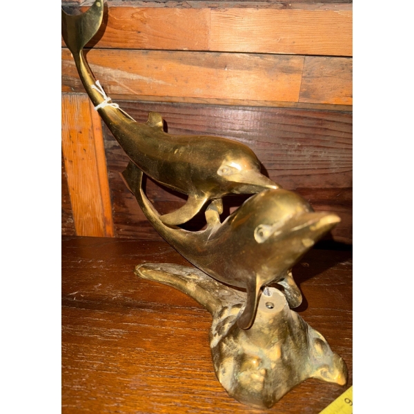 Mid Century Modern Nautical Themed Solid Brass Pair Of Leaping Dolphins Statue  12'tall