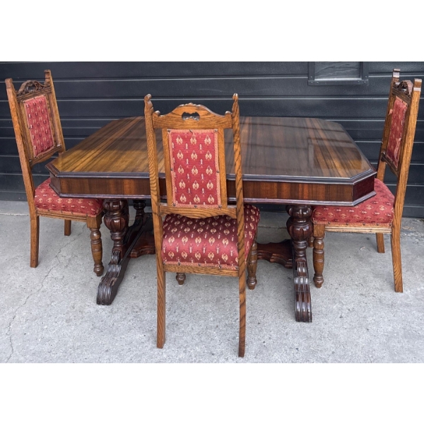 Basset Furniture Co. Colonial Revival Walnut Dining Room Furniture- Dining Table, Three Chairs  