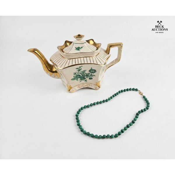 Vintage Arthur Wood Teapot From England , Vintage-Style Necklace Green Malachite Beads.