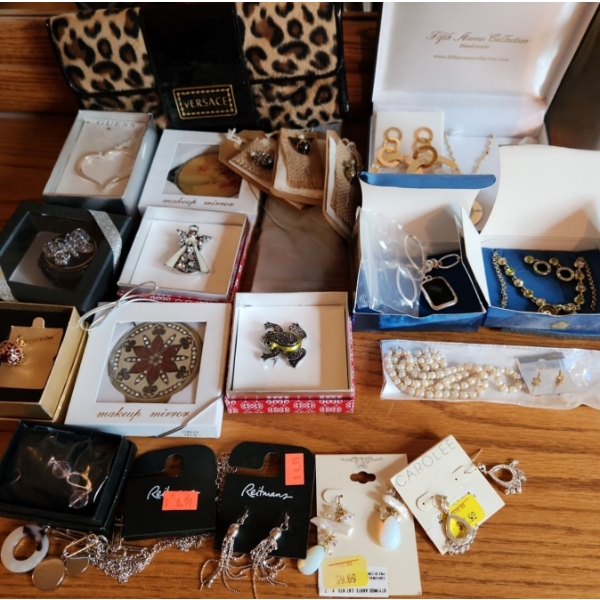 Boxed Giftware: Purse Mirror, Butterfly Box, Guess Necklace, Jewelry Sets, Pins- Some New Earrings 