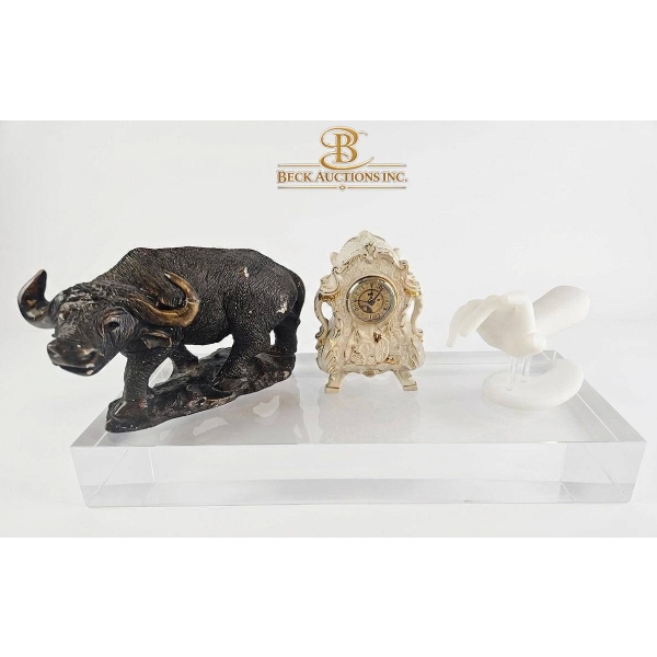 3 Decorative Items: Buffalo Figurine, Cogsworth Clock, and White Bird Sculpture