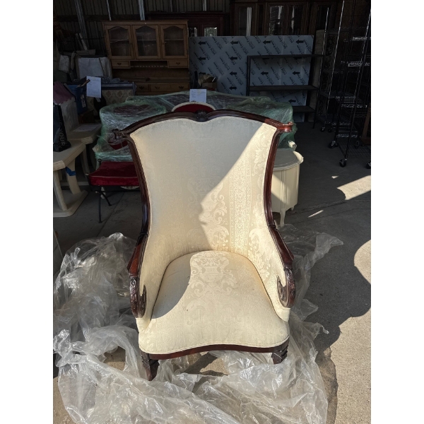 White Fabric with Wood Accents-Arm Chair