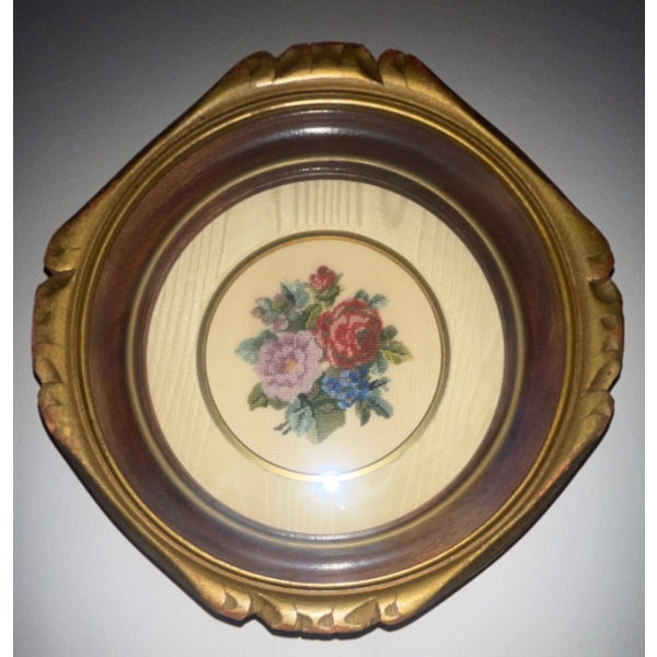 Antique Gold Gilded Convex Glass Frame w/ Mid Century Needlepoint Art 6T - Gainsborough Art Stud