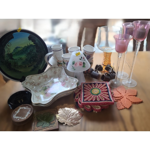 Assorted Household Decor: Painted Ceramic Plate 11" Diameter, Amber Base Glass 10 T and More!