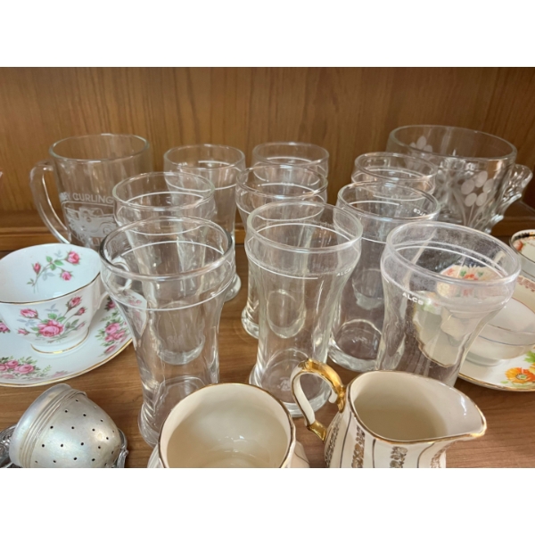 Variety of tea cups and saucers. Vintage beer glasses, Hand Cut Crystal Decor canister Made in Italy