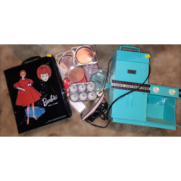 Vintage Collector Toys: Barbie, Doll Case and Extra Clothes, Kenner Easy- Bake Oven, Pans, Toy Iron 